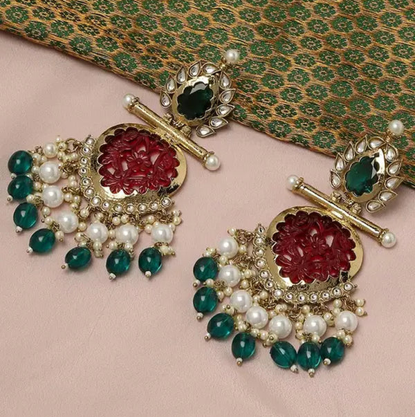 Jewel City Elegant Kundan-Inspired Chandelier Earrings with Red and Green Gemstones