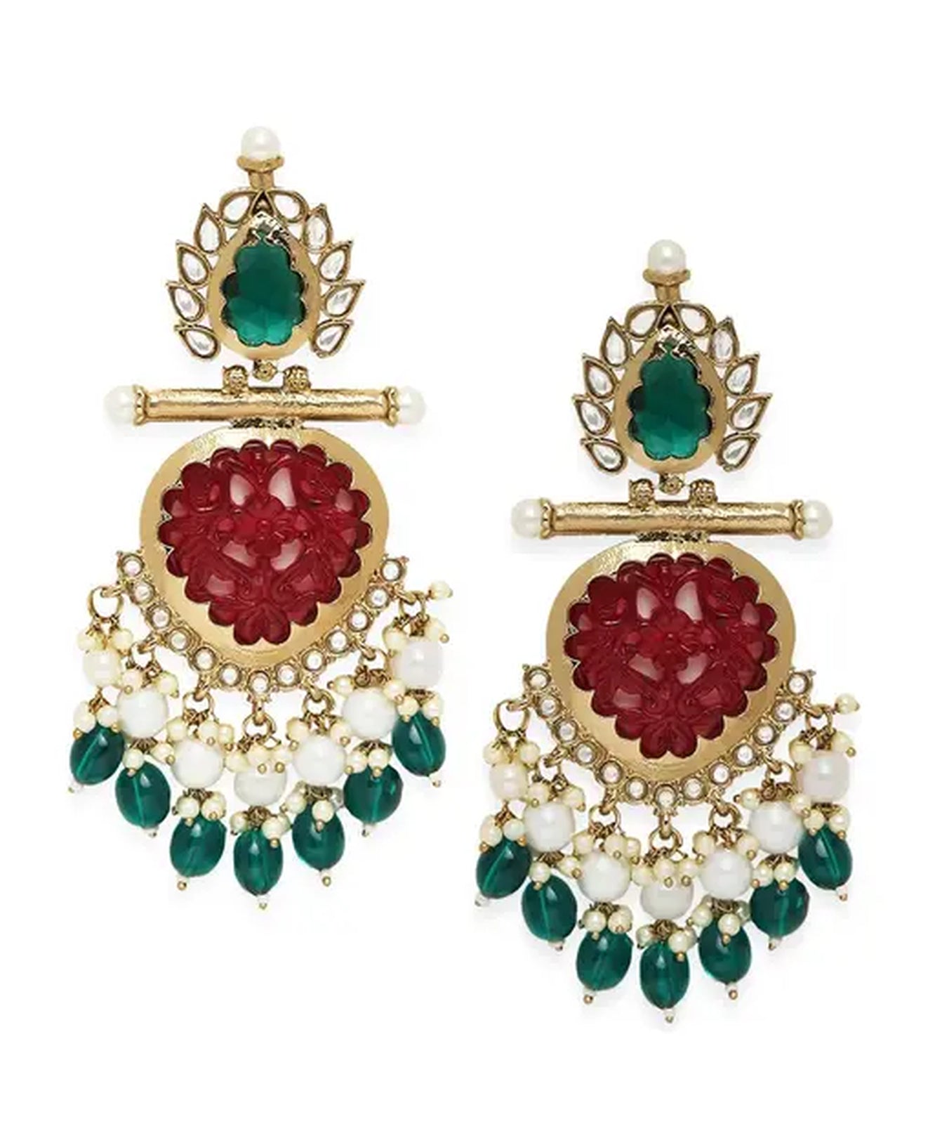 Jewel City Elegant Kundan-Inspired Chandelier Earrings with Red and Green Gemstones