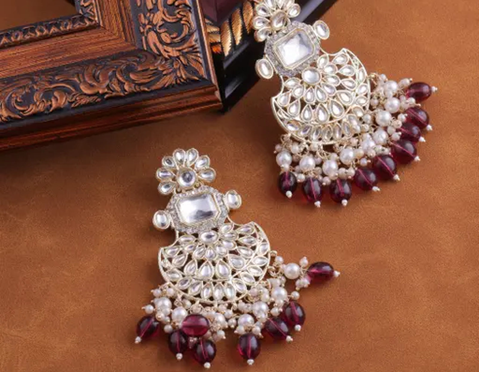 Jewel City Exquisite Kundan-Inspired Chandelier Earrings with Pearl and Ruby Accents