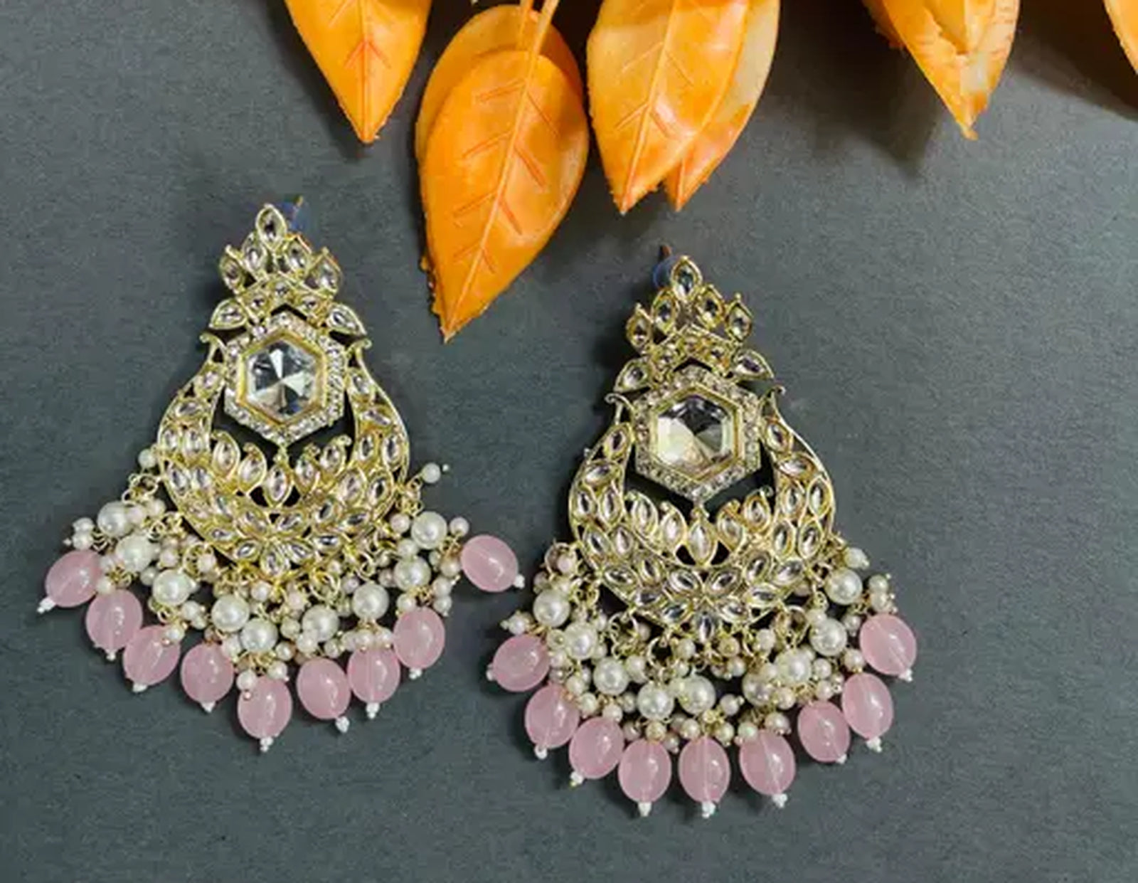 Jewel City Exquisite Kundan-Inspired Chandelier Earrings with Pearl and Pink Accents