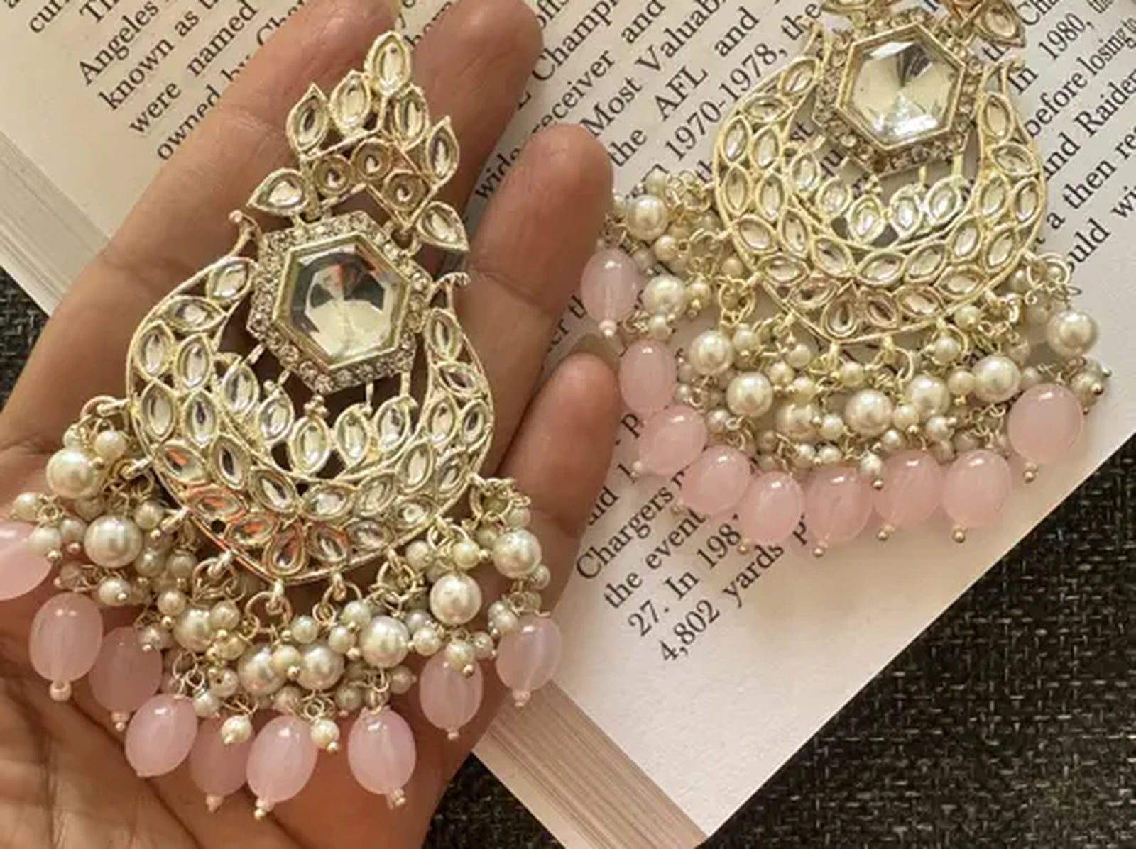 Jewel City Exquisite Kundan-Inspired Chandelier Earrings with Pearl and Pink Accents