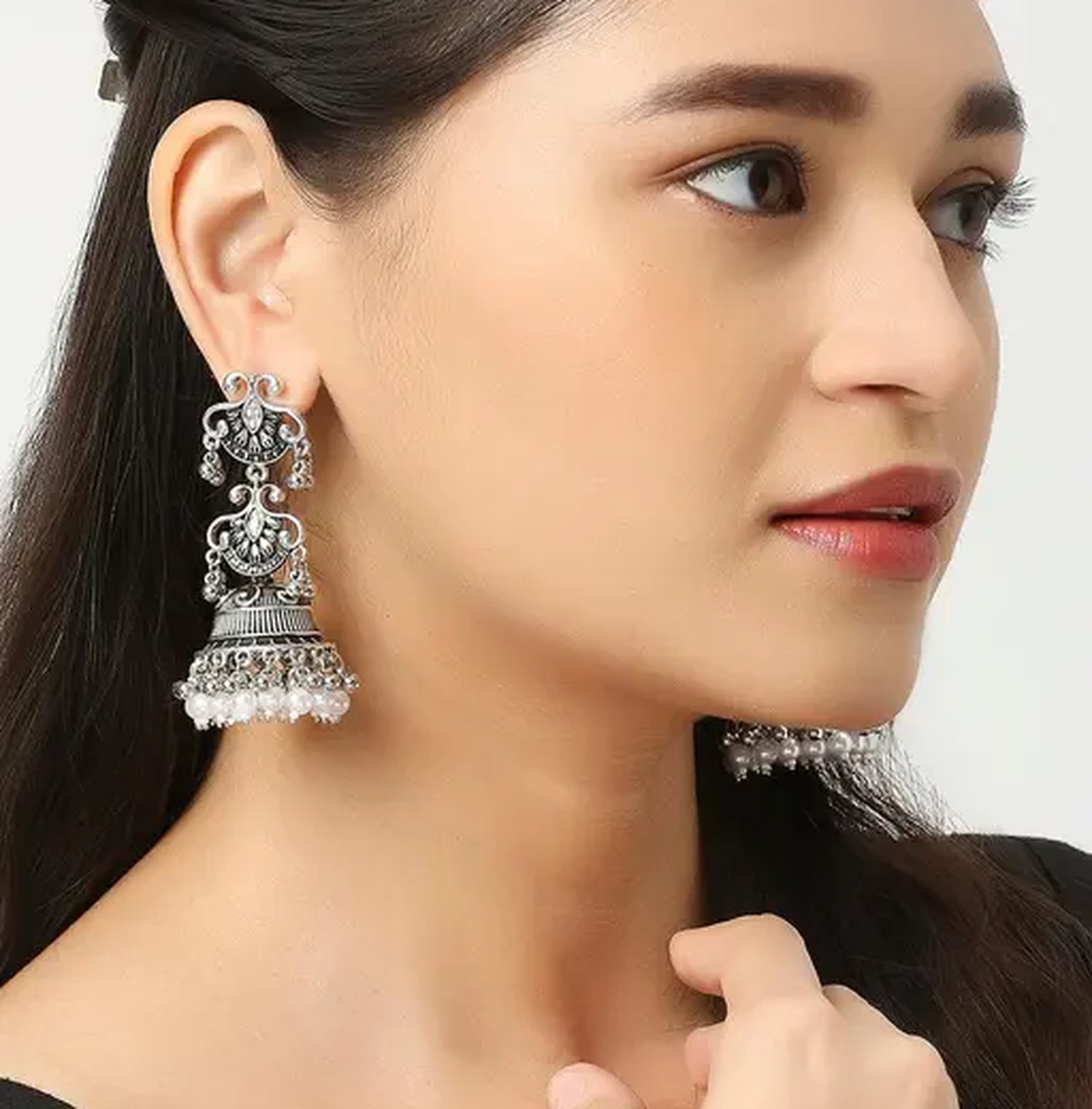 Jewel City Vintage Oxidized Silver Jhumka Earrings with Pearl and Red Bead Accents