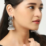 Thumbnail for Jewel City Vintage Oxidized Silver Jhumka Earrings with Pearl and Red Bead Accents