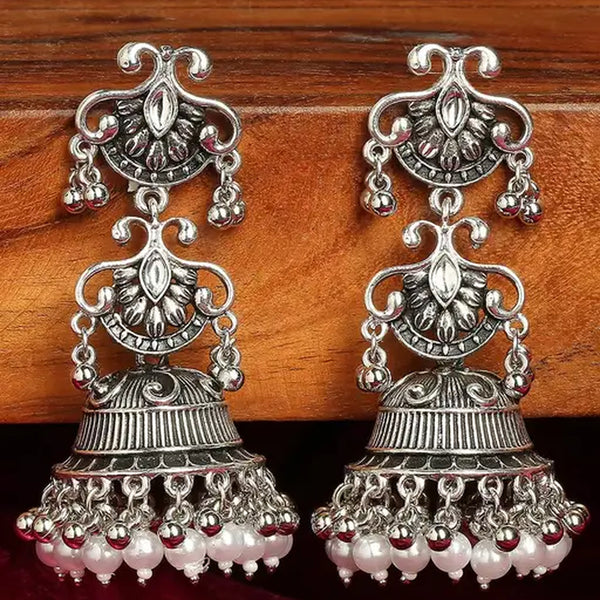 Jewel City Vintage Oxidized Silver Jhumka Earrings with Pearl and Red Bead Accents - Distacart