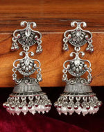 Thumbnail for Jewel City Vintage Oxidized Silver Jhumka Earrings with Pearl and Red Bead Accents