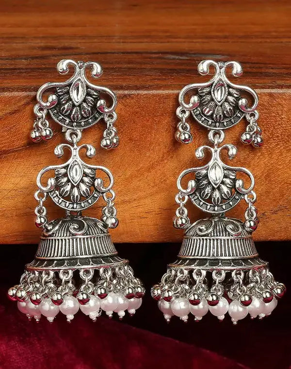 Jewel City Vintage Oxidized Silver Jhumka Earrings with Pearl and Red Bead Accents