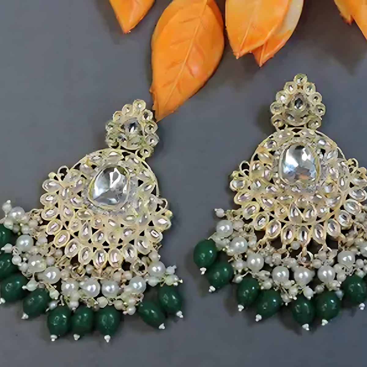 Jewel City Exquisite Kundan-Inspired Chandelier Earrings with Pearl and Green Accents