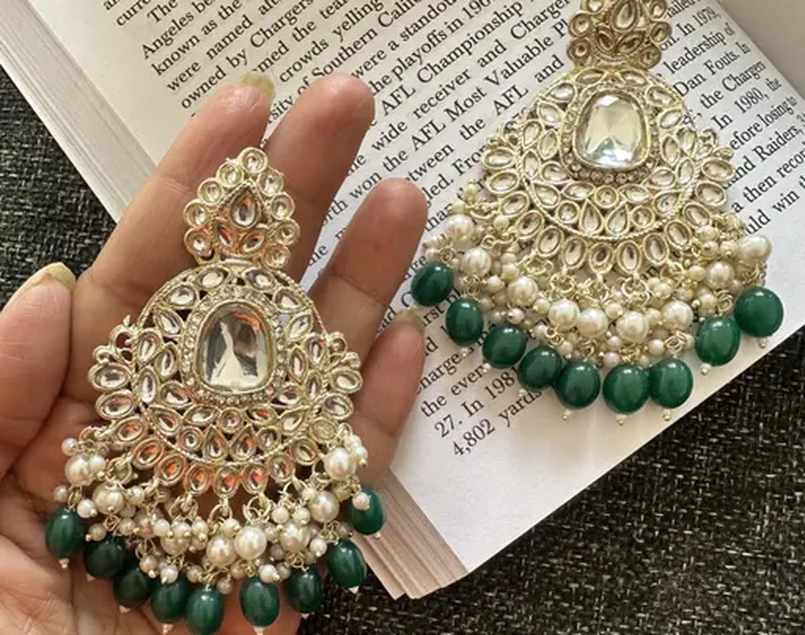 Jewel City Exquisite Kundan-Inspired Chandelier Earrings with Pearl and Green Accents