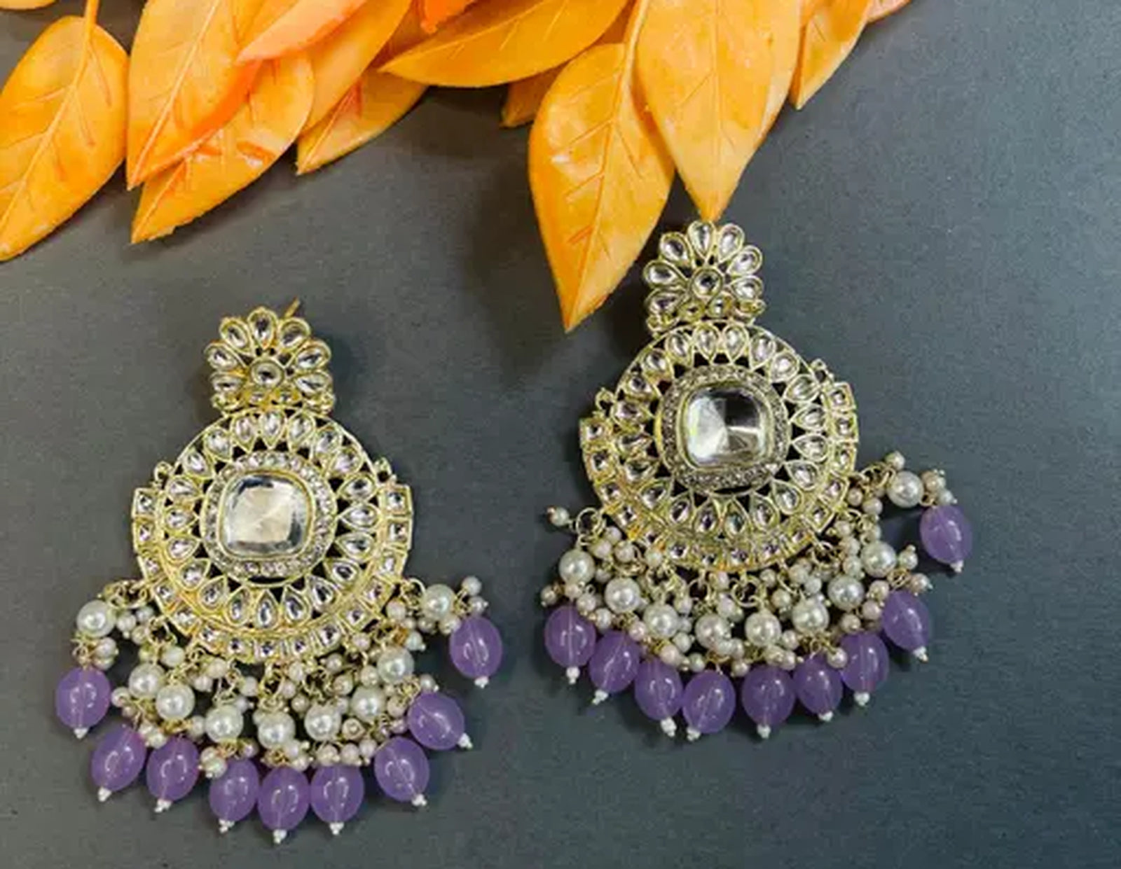 Jewel City Exquisite Kundan-Inspired Chandelier Earrings with Pearl and Purple Accents