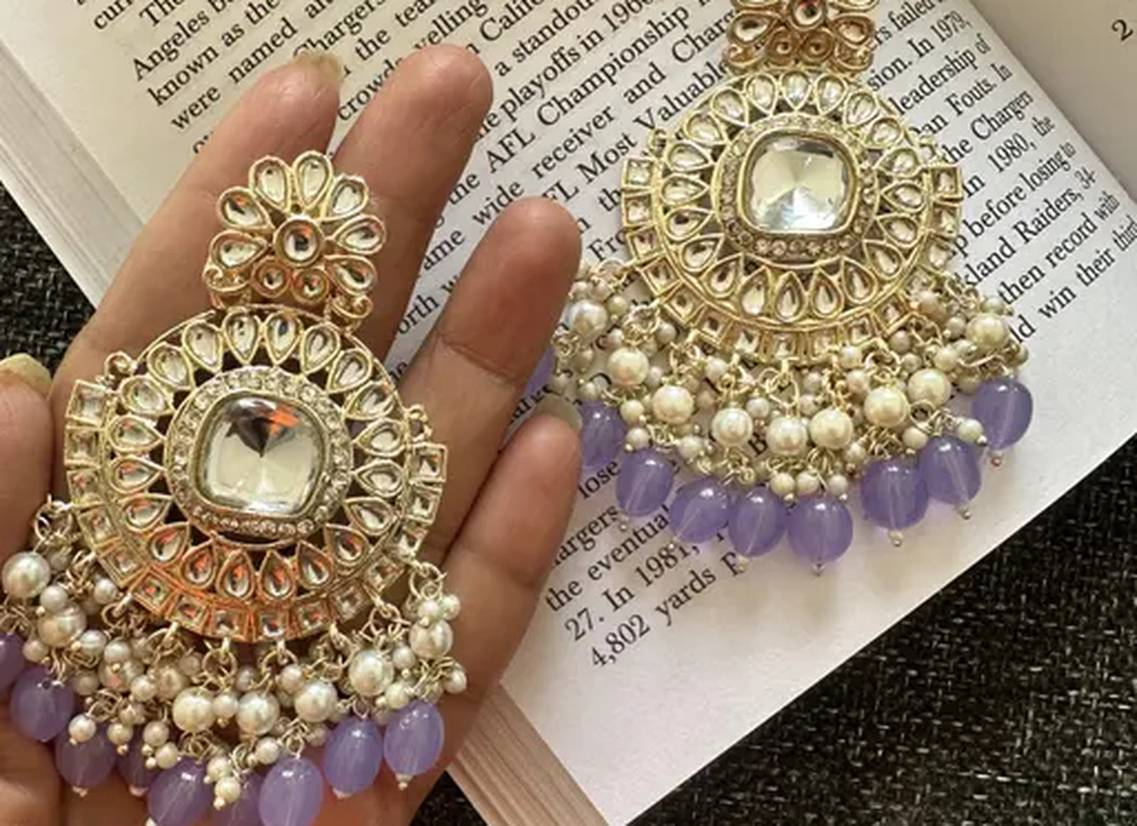 Jewel City Exquisite Kundan-Inspired Chandelier Earrings with Pearl and Purple Accents