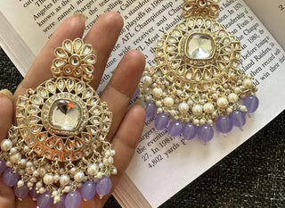 Jewel City Exquisite Kundan-Inspired Chandelier Earrings with Pearl and Purple Accents
