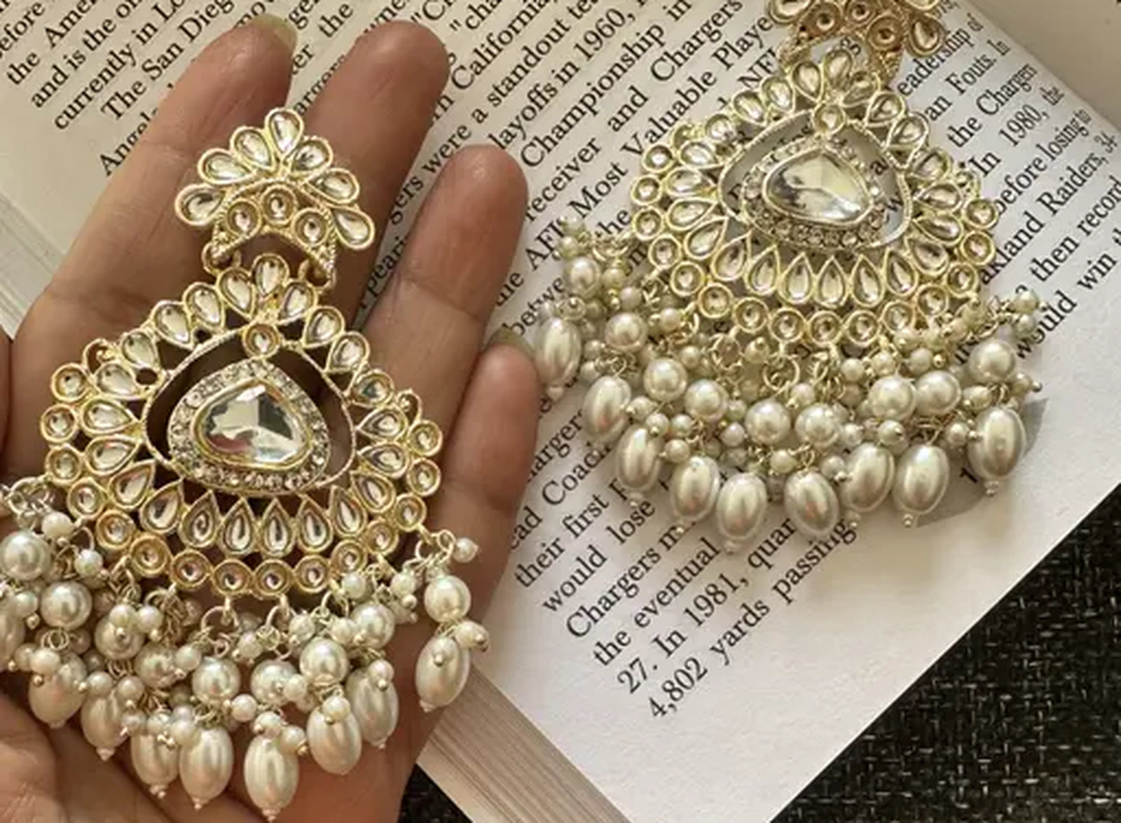 Jewel City Exquisite Kundan-Inspired Chandelier Earrings with Pearl and White Accents