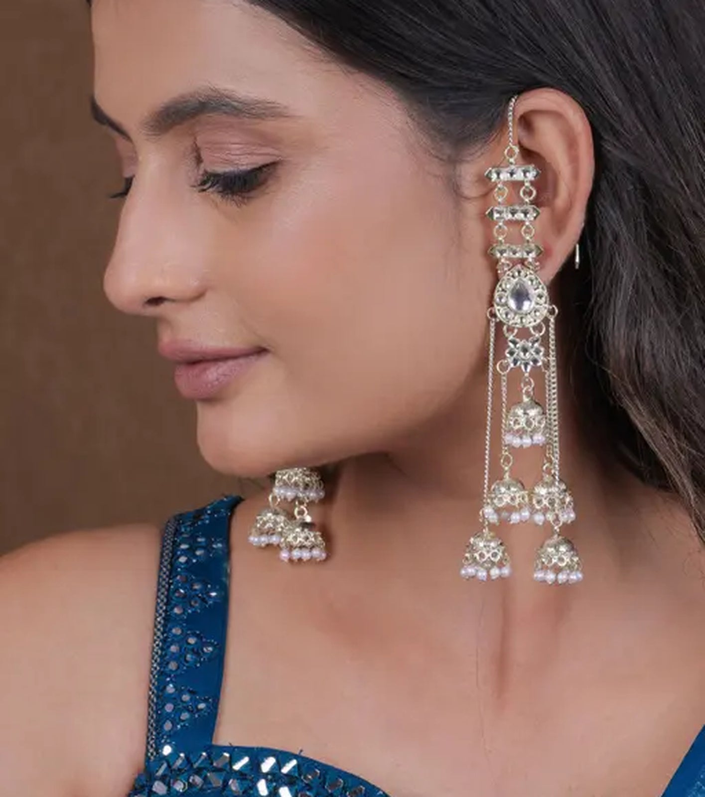 Jewel City Elegant Silver Kashmiri-Style Chandelier Earrings with Jhumka Drops