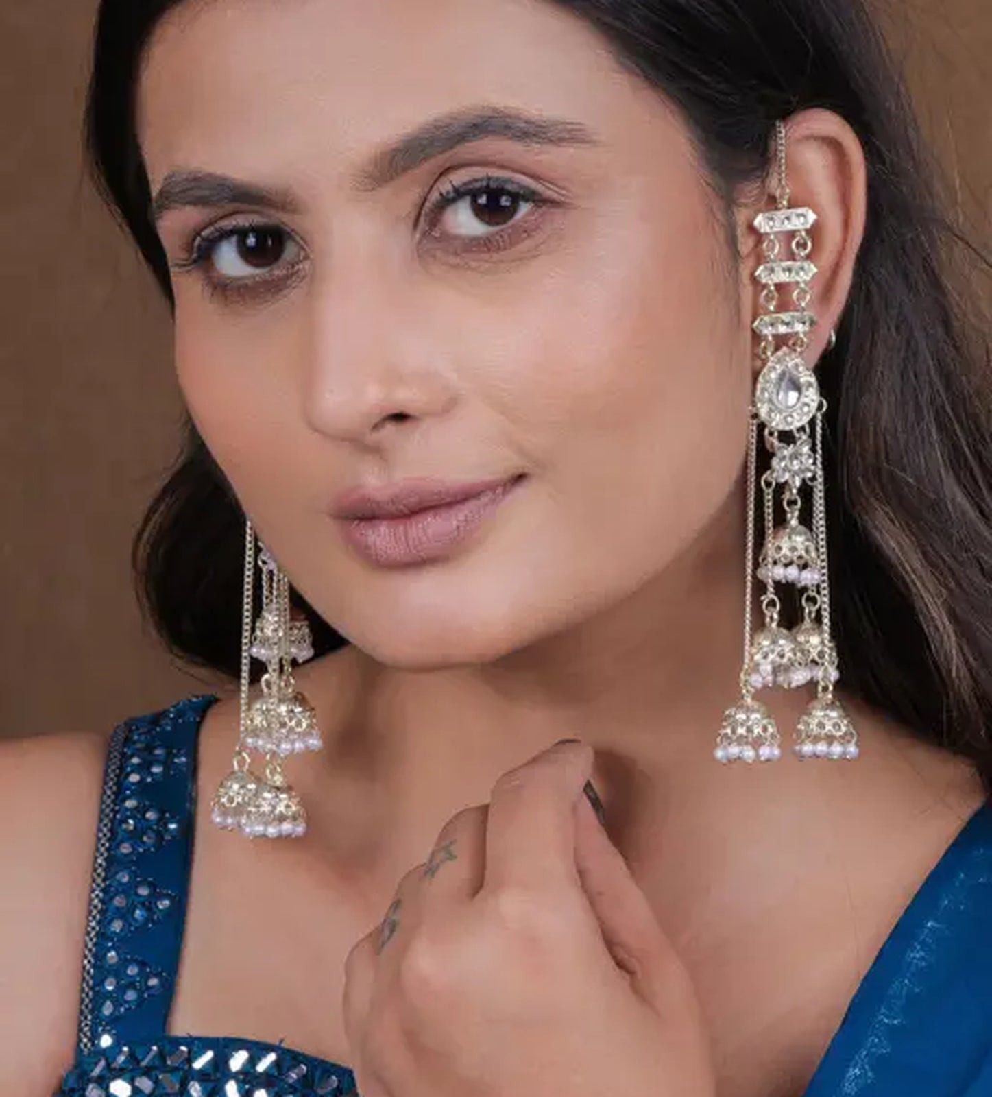 Jewel City Elegant Silver Kashmiri-Style Chandelier Earrings with Jhumka Drops