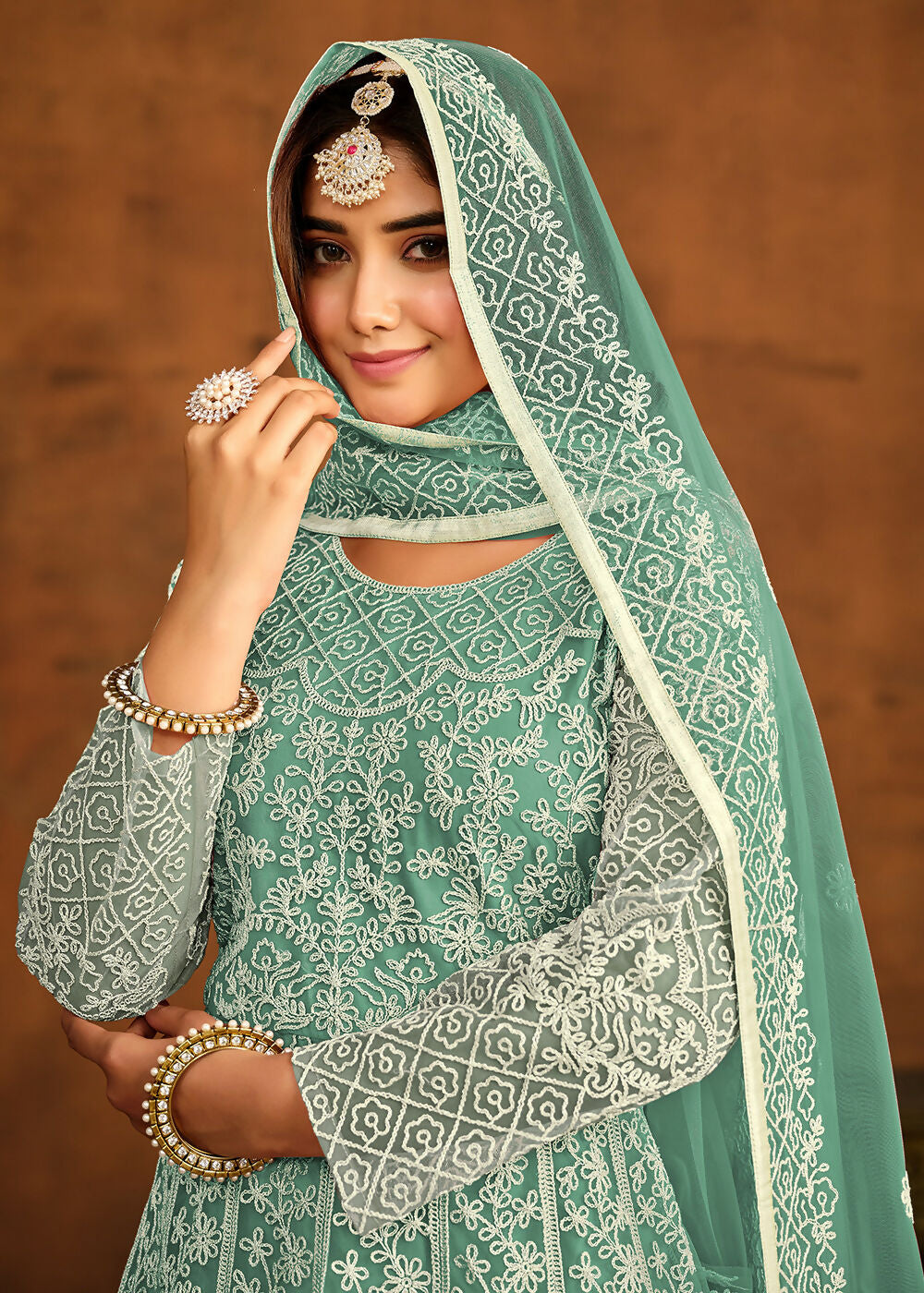 Green All Over Embroidered Net Wedding Anarkali Suit - Emponline - Distacart