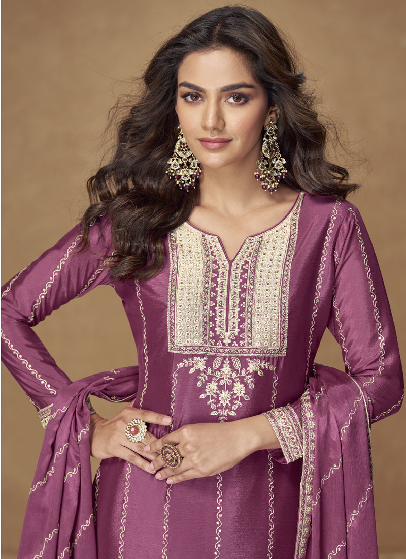 Vegaa Fashion Onion Pink Chinon Silk Embroidered Designer Palazzo Suit