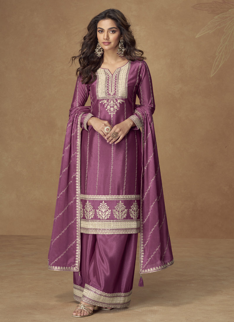 Vegaa Fashion Onion Pink Chinon Silk Embroidered Designer Palazzo Suit