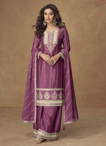 Thumbnail for Vegaa Fashion Onion Pink Chinon Silk Embroidered Designer Palazzo Suit