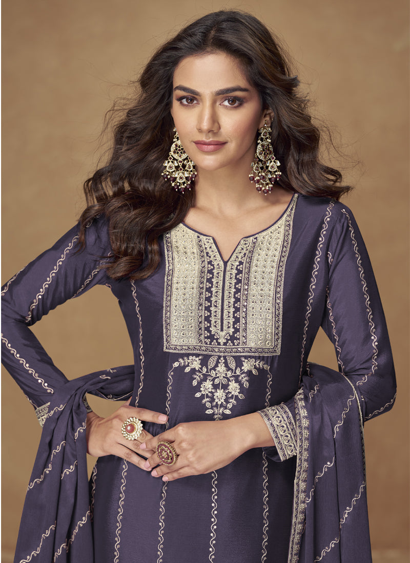 Vegaa Fashion Violet Chinon Silk Embroidered Designer Palazzo Suit