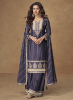 Thumbnail for Vegaa Fashion Violet Chinon Silk Embroidered Designer Palazzo Suit