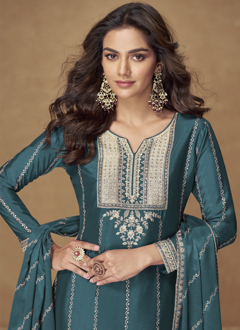Vegaa Fashion Teal Blue Chinon Silk Embroidered Designer Palazzo Suit