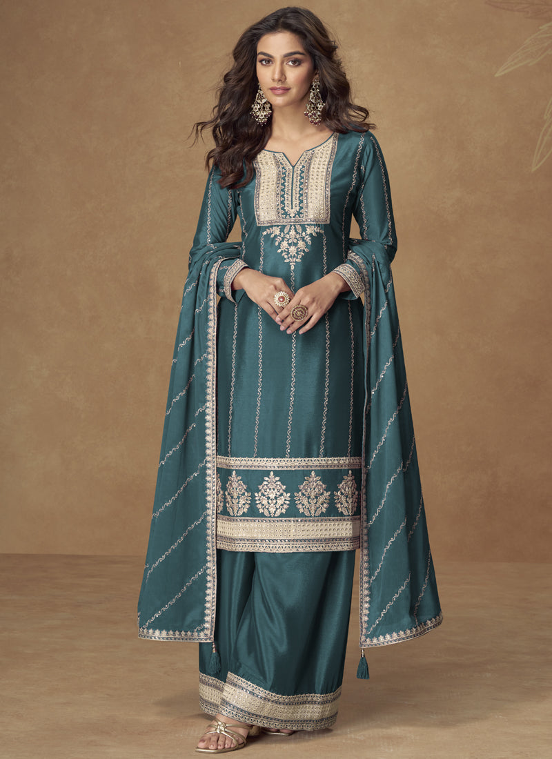 Vegaa Fashion Teal Blue Chinon Silk Embroidered Designer Palazzo Suit