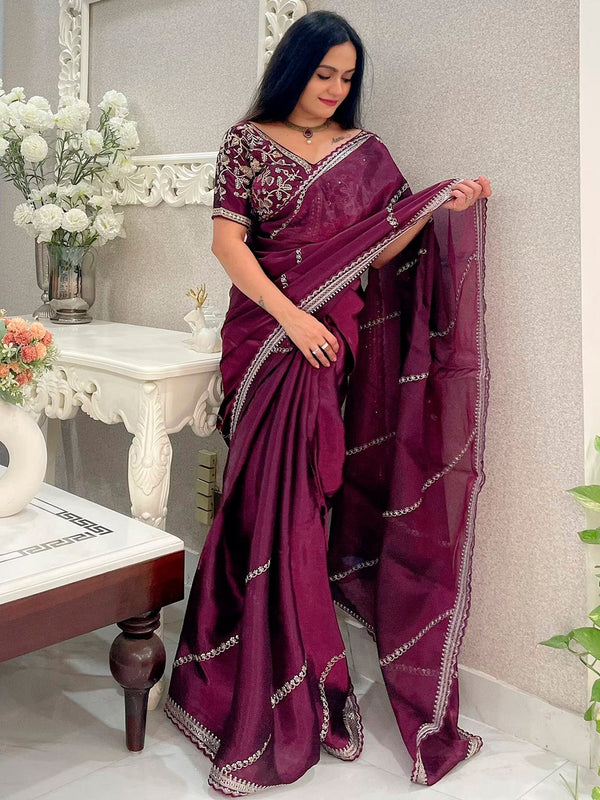 NOZ2TOZ Women's Organza Purple Embellished Designer Saree With Blouse Piece - Distacart