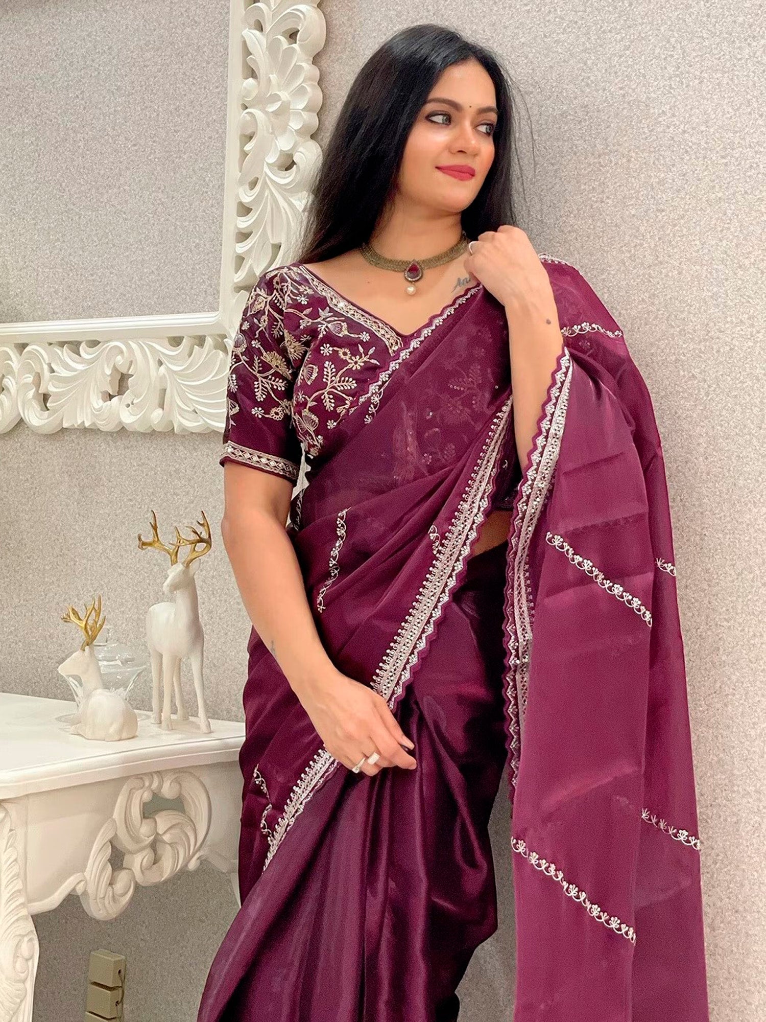 NOZ2TOZ Women's Organza Purple Embellished Designer Saree With Blouse Piece - Distacart