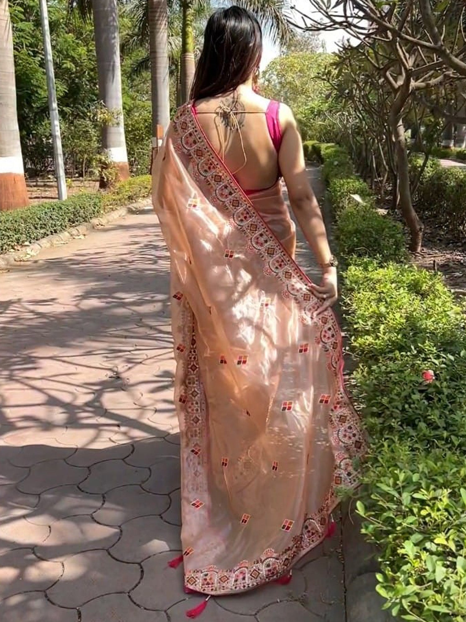 NOZ2TOZ Women's Tissue Peach Embellished Designer Saree With Blouse Piece - Distacart