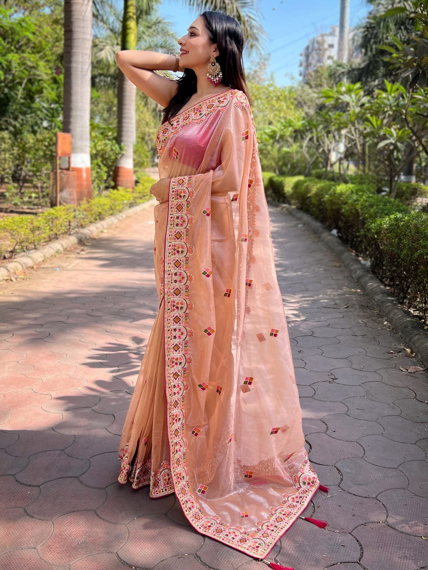 NOZ2TOZ Women's Tissue Peach Embellished Designer Saree With Blouse Piece - Distacart