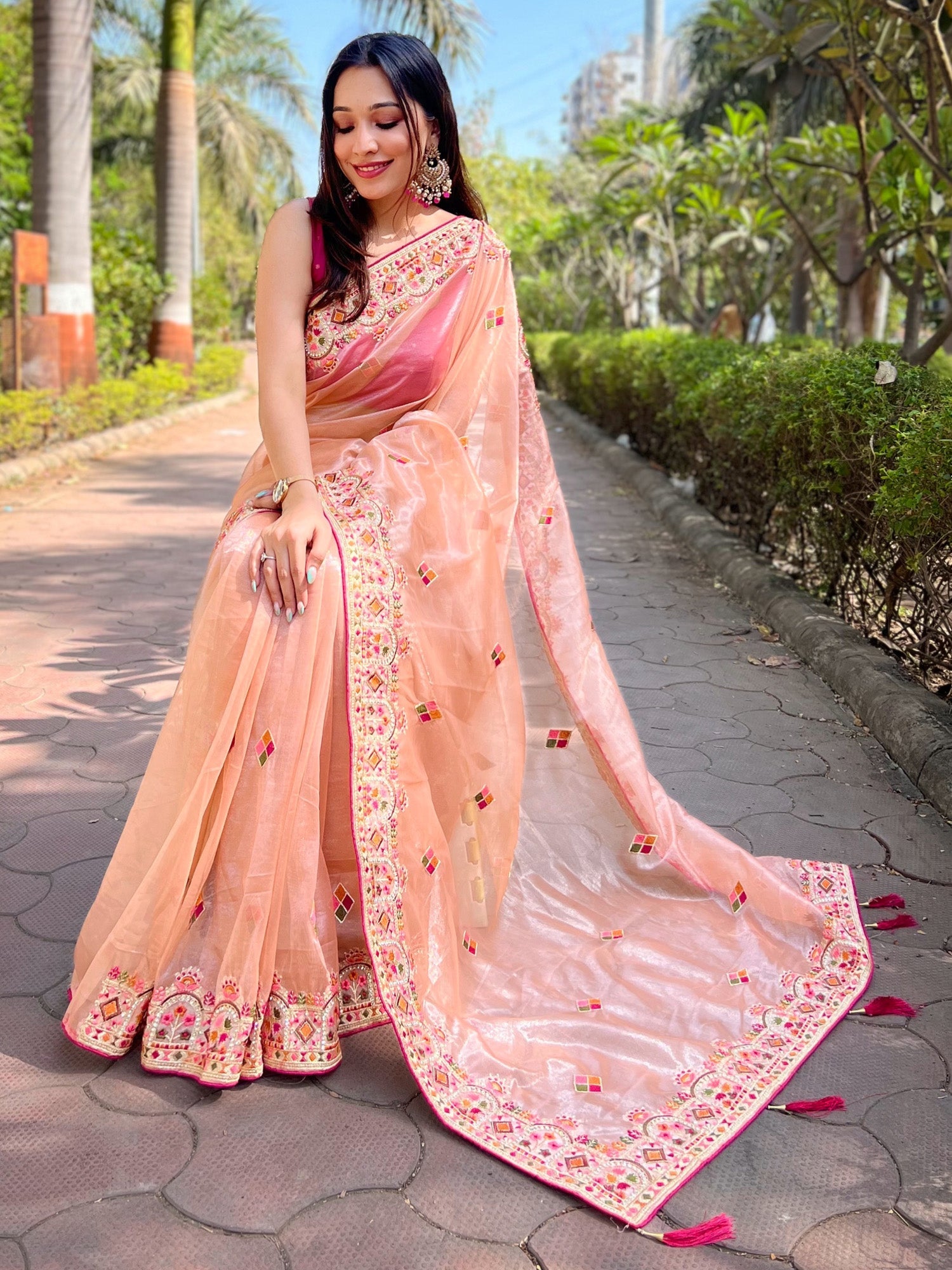 NOZ2TOZ Women's Tissue Peach Embellished Designer Saree With Blouse Piece - Distacart
