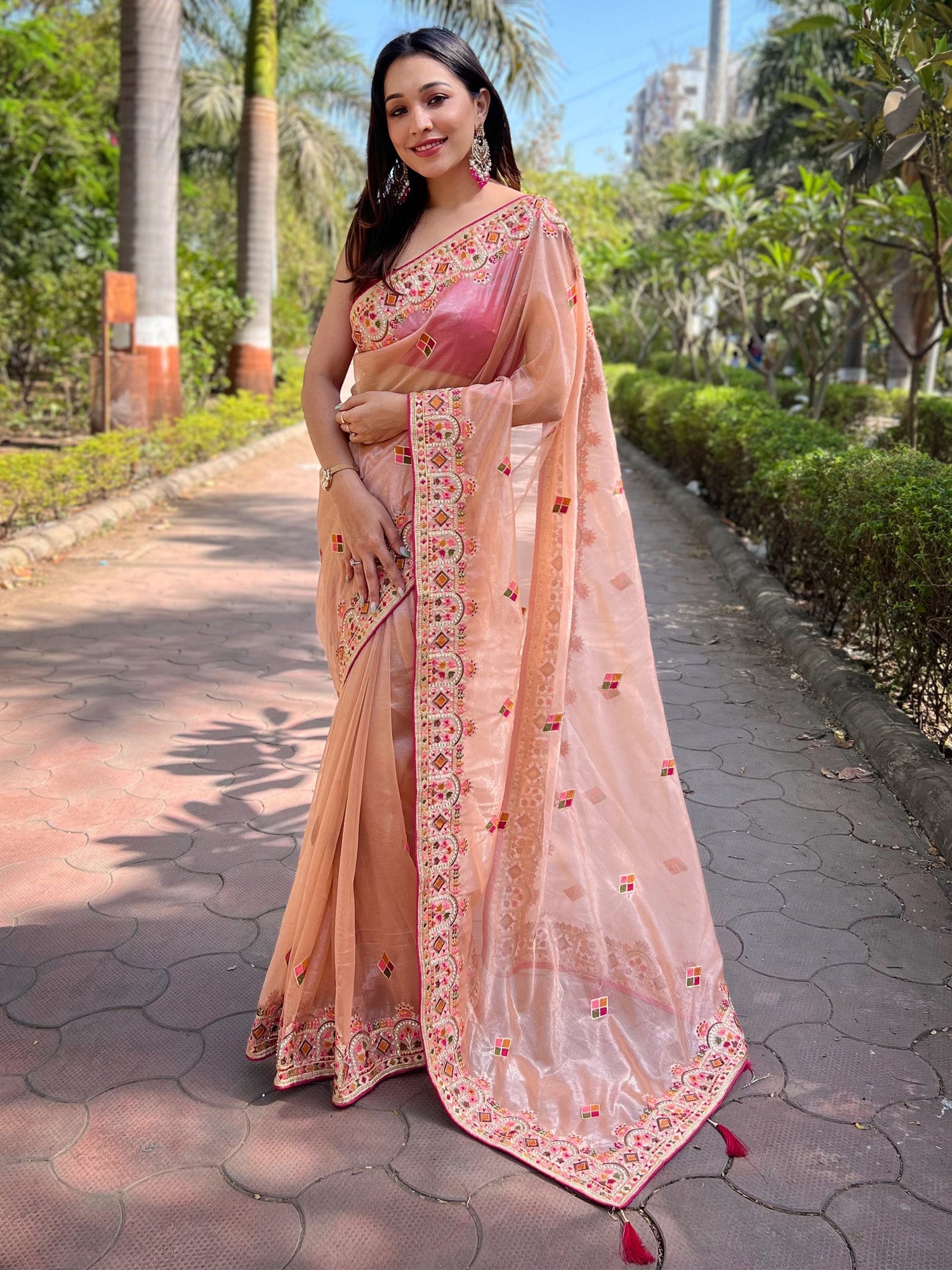 NOZ2TOZ Women's Tissue Peach Embellished Designer Saree With Blouse Piece - Distacart
