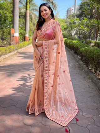 NOZ2TOZ Women's Tissue Peach Embellished Designer Saree With Blouse Piece - Distacart