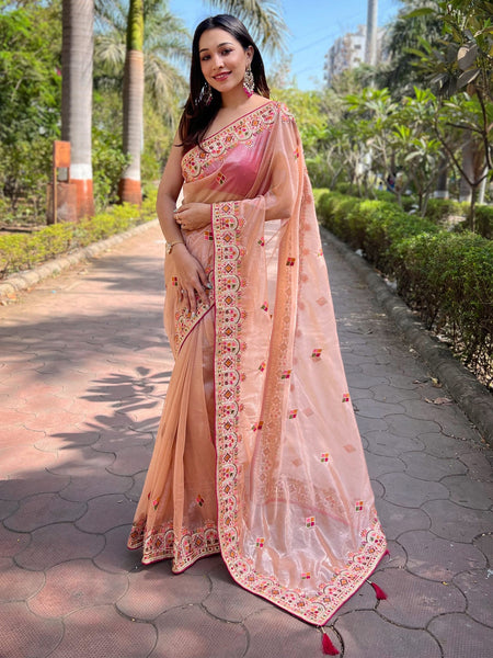 NOZ2TOZ Women's Tissue Peach Embellished Designer Saree With Blouse Piece - Distacart