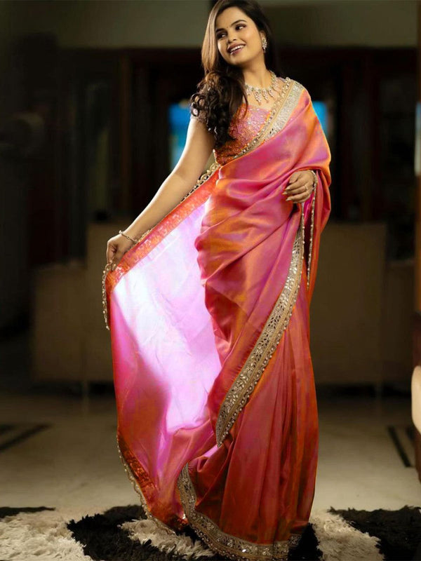 NOZ2TOZ Women's Tissue Pink Embellished Designer Saree With Blouse Piece - Distacart