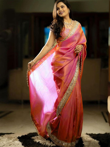 NOZ2TOZ Women's Tissue Pink Embellished Designer Saree With Blouse Piece - Distacart