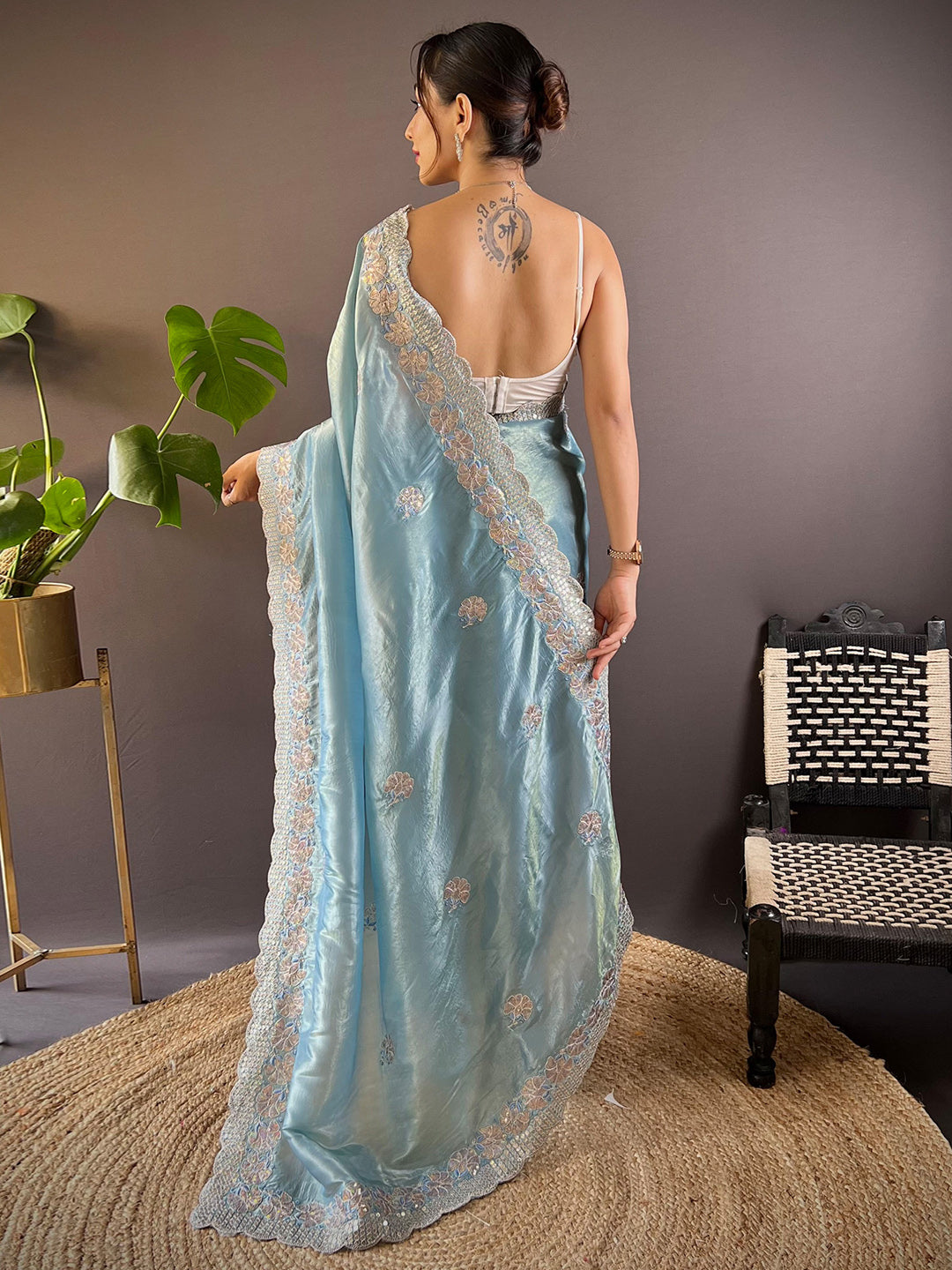 NOZ2TOZ Women's Paper Silk Light Blue Embellished Designer Saree With Blouse Piece - Distacart