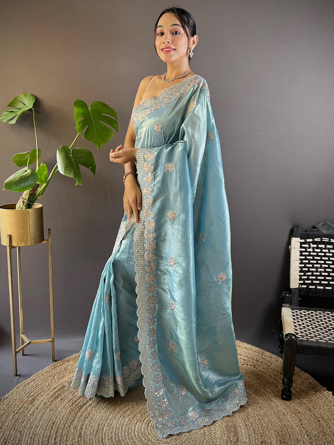 NOZ2TOZ Women's Paper Silk Light Blue Embellished Designer Saree With Blouse Piece - Distacart