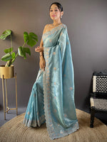 Thumbnail for NOZ2TOZ Women's Paper Silk Light Blue Embellished Designer Saree With Blouse Piece - Distacart