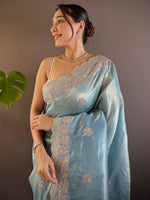 Thumbnail for NOZ2TOZ Women's Paper Silk Light Blue Embellished Designer Saree With Blouse Piece - Distacart
