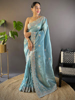 Thumbnail for NOZ2TOZ Women's Paper Silk Light Blue Embellished Designer Saree With Blouse Piece - Distacart