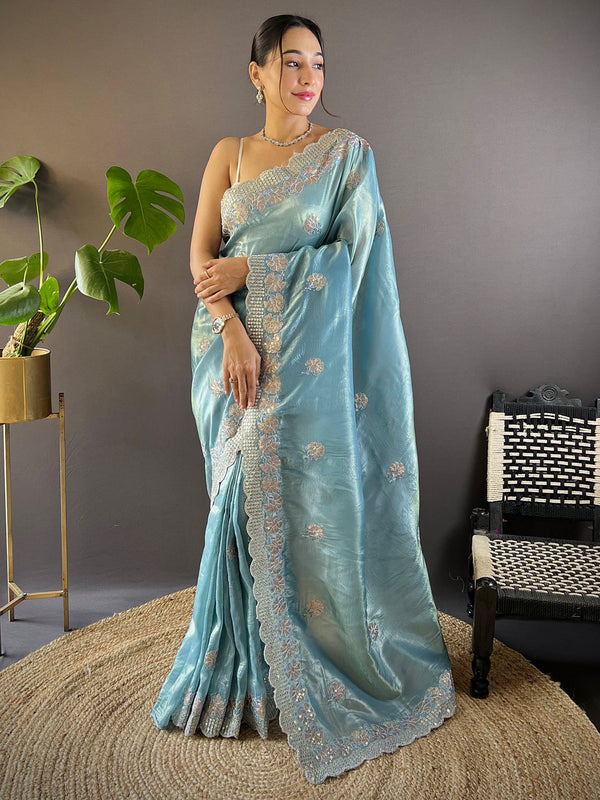 NOZ2TOZ Women's Paper Silk Light Blue Embellished Designer Saree With Blouse Piece - Distacart
