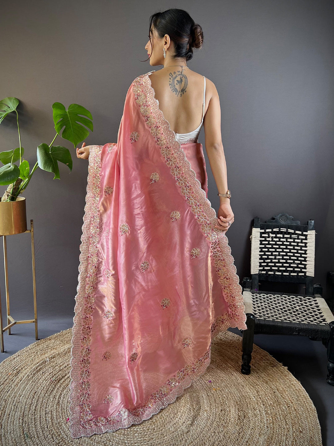 NOZ2TOZ Women's Paper Silk Peach Embellished Designer Saree With Blouse Piece - Distacart