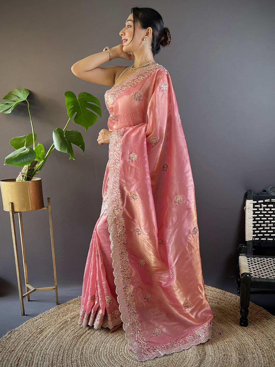 NOZ2TOZ Women's Paper Silk Peach Embellished Designer Saree With Blouse Piece - Distacart