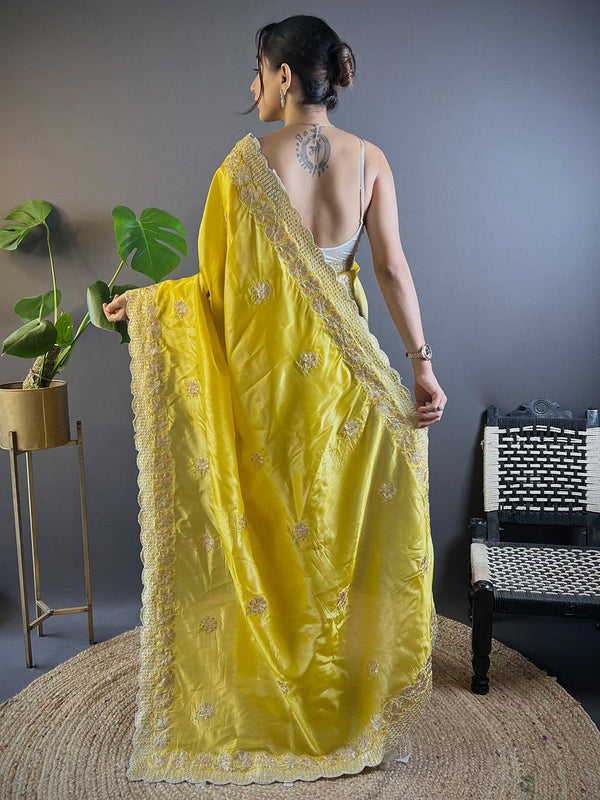 NOZ2TOZ Women's Paper Silk Yellow Embellished Designer Saree With Blouse Piece - Distacart