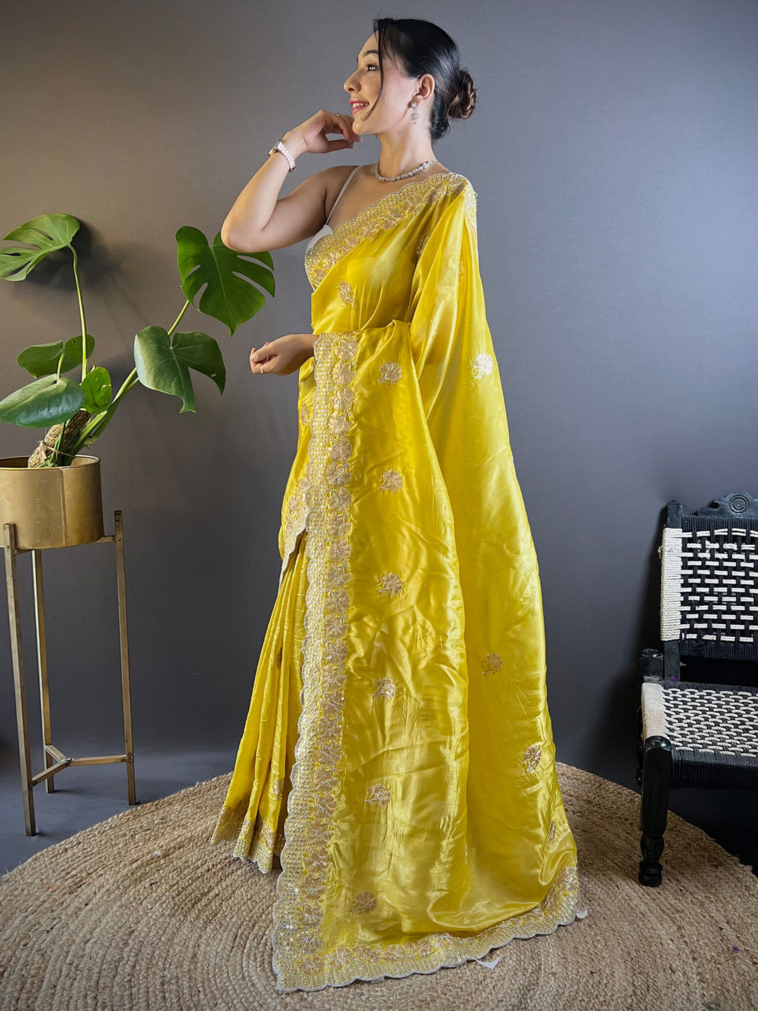 NOZ2TOZ Women's Paper Silk Yellow Embellished Designer Saree With Blouse Piece - Distacart