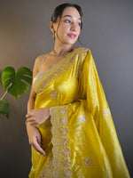 Thumbnail for NOZ2TOZ Women's Paper Silk Yellow Embellished Designer Saree With Blouse Piece - Distacart