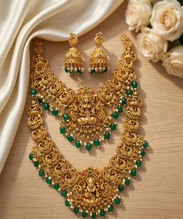 Jewel City Gold Temple Jewelry Set With Peacock Jhumkas & Green Beads - Dista