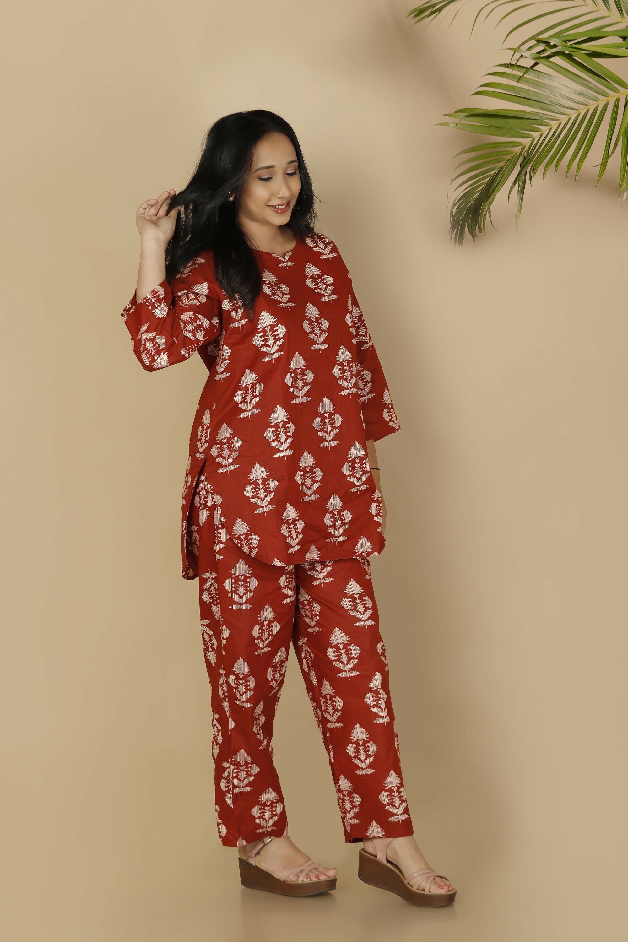 Breathables Red Butta Cotton Co-Ord Set – Kurta With Straight Pants - Dista
