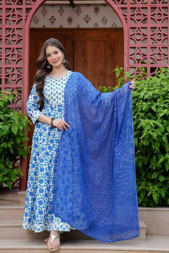 Jaimini Women Cotton Printed Round Neck Calf Length Flared Kurta Pant And Dupatta Set - Dista